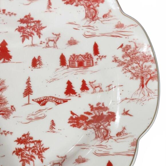 Grace Teaware Winter Village 2pc Red  9.25" Salad Plate Toile Scallop Gold Trim - Picture 5 of 9